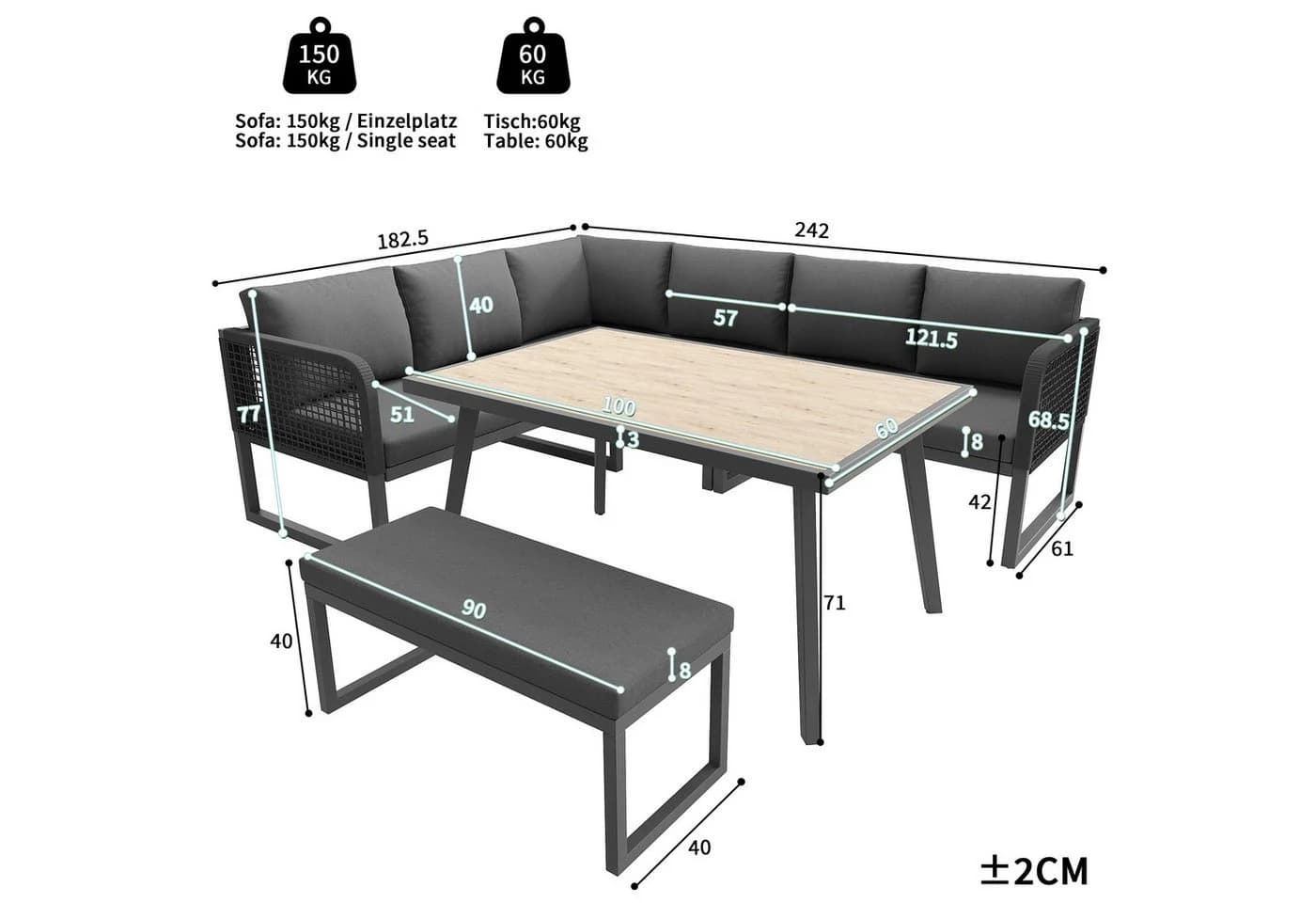 Celya Gartenlounge-Set 6-8 Pers. PE-Rattan Grau mit Kissen