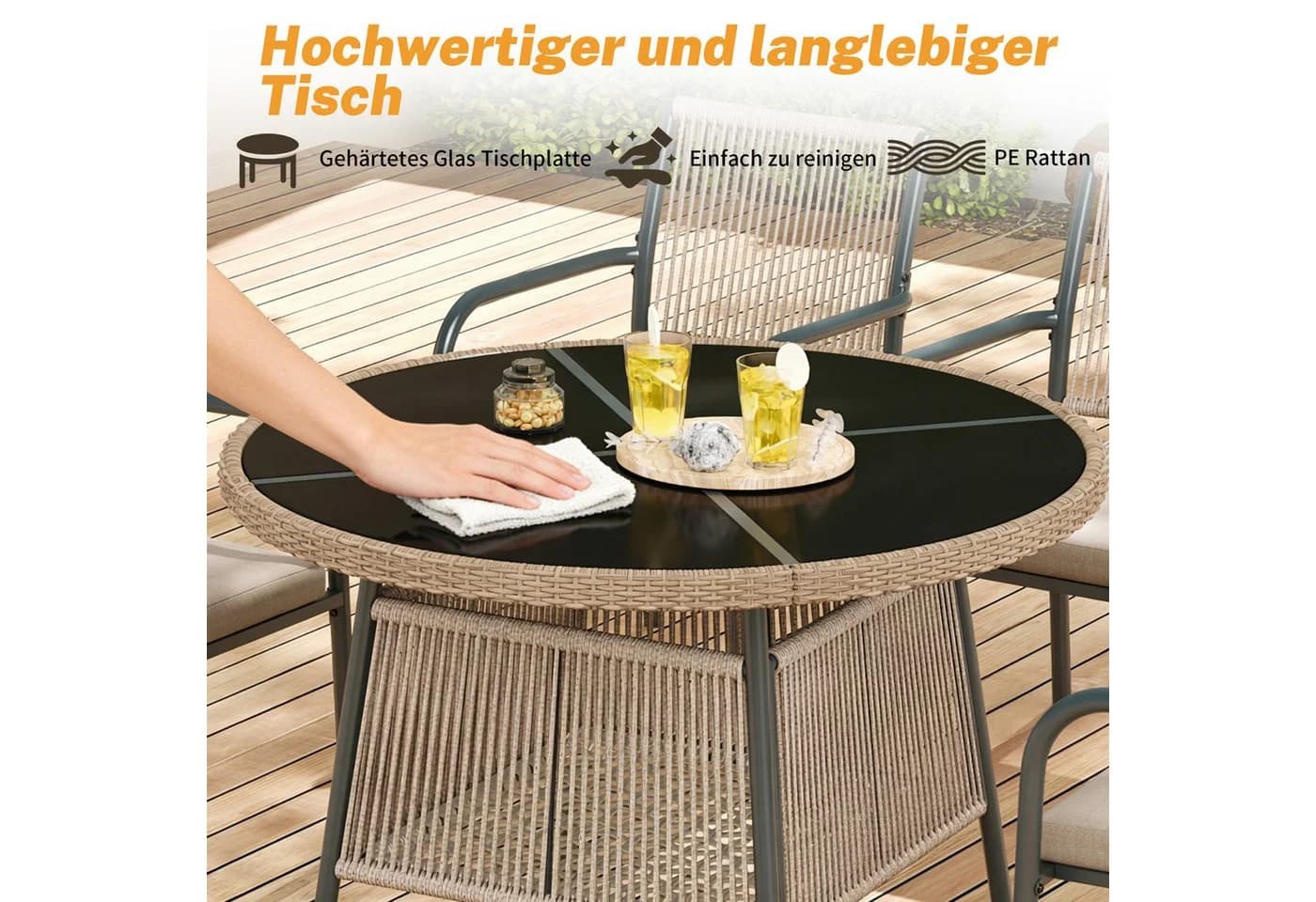 Celya Garten-Essgruppe Grau mit Runder Glasplatte und 4 Armlehnstühlen - Bild 4