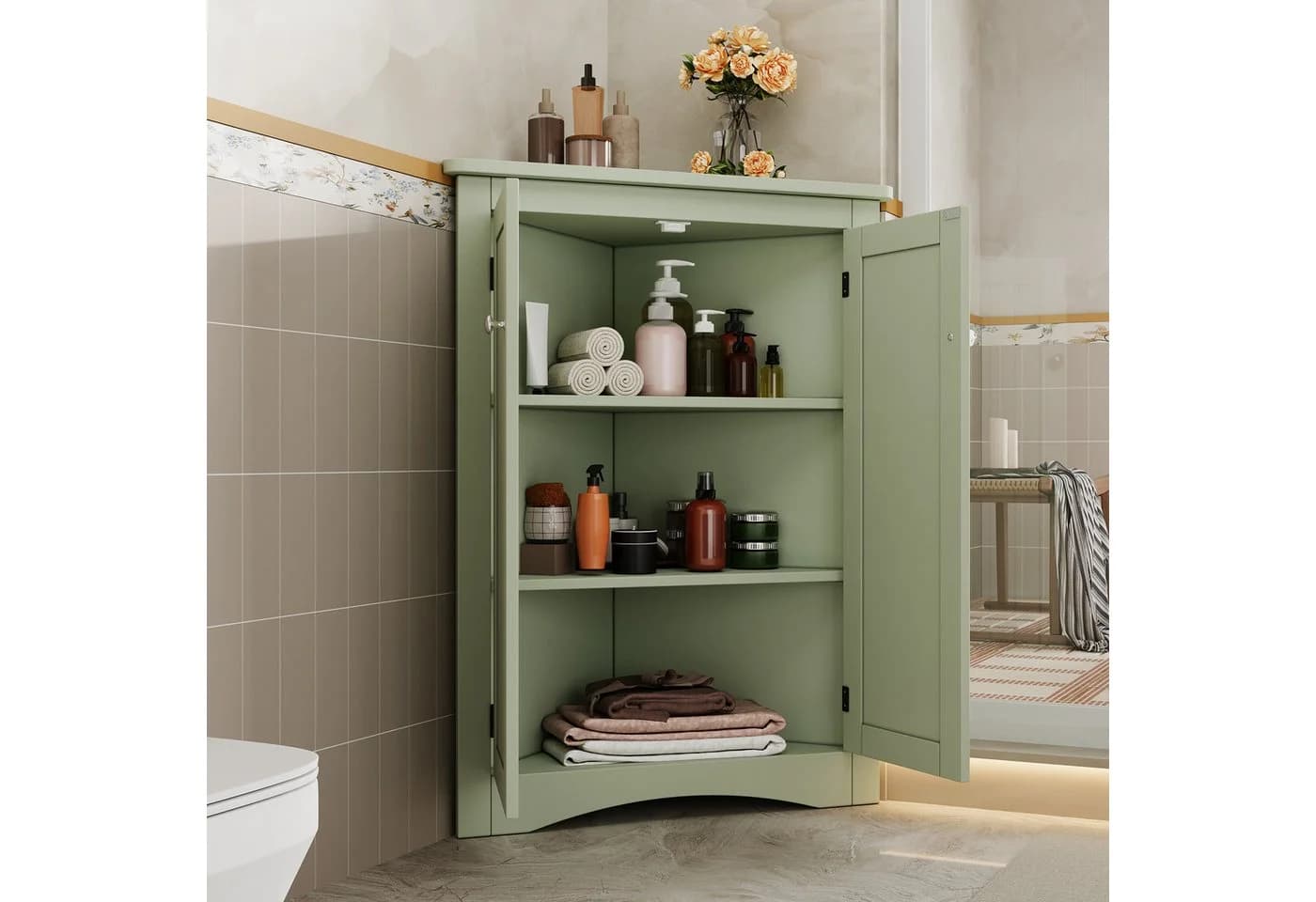 Celya Eck-Schrank 2-türig Weiß/Grün/Grau MDF lackiert - Bild 5