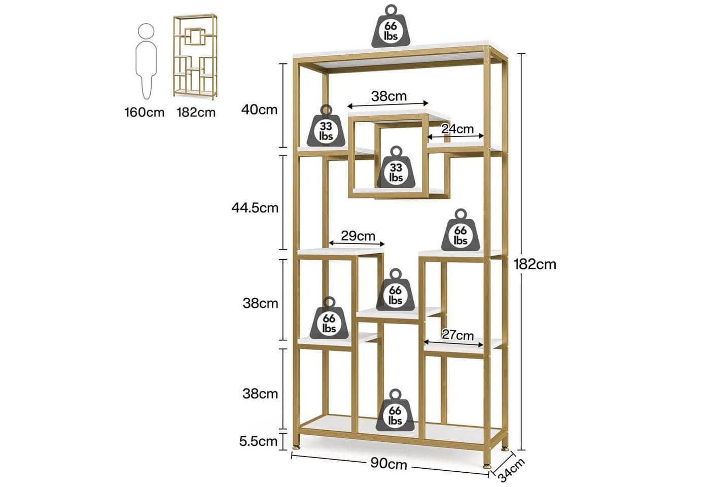 Celya Bücherregal 180 cm Gold Weiß Modernes Regal