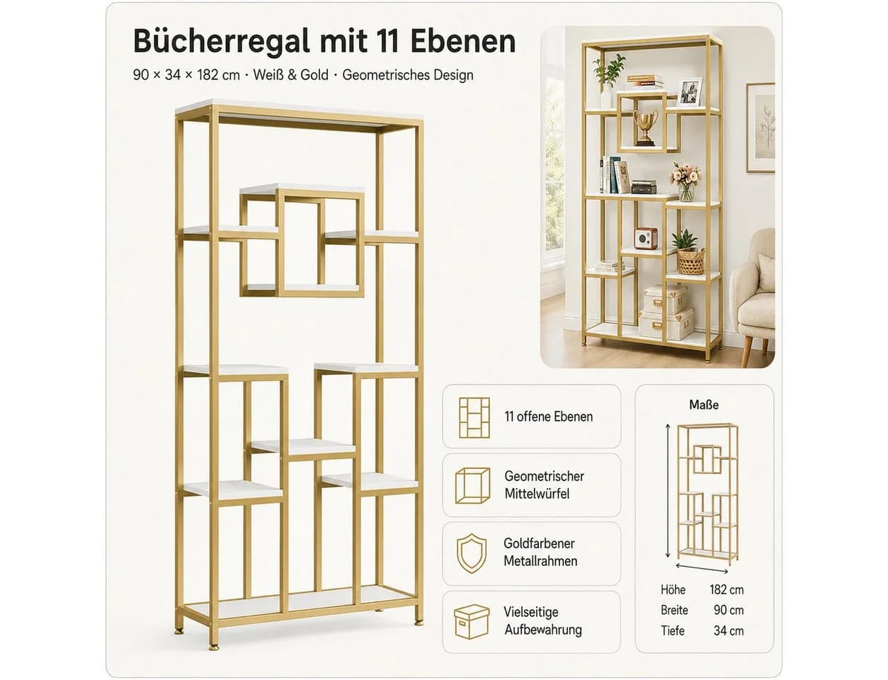Celya Bücherregal 180 cm Gold Weiß Modernes Regal - Bild 3