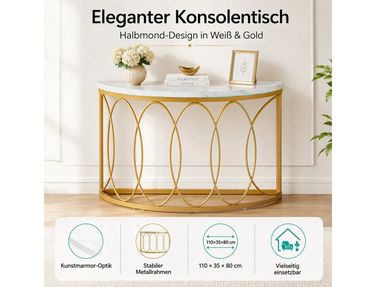 Celya Konsolentisch Weiß/Gold Halbmond Design - Bild 3