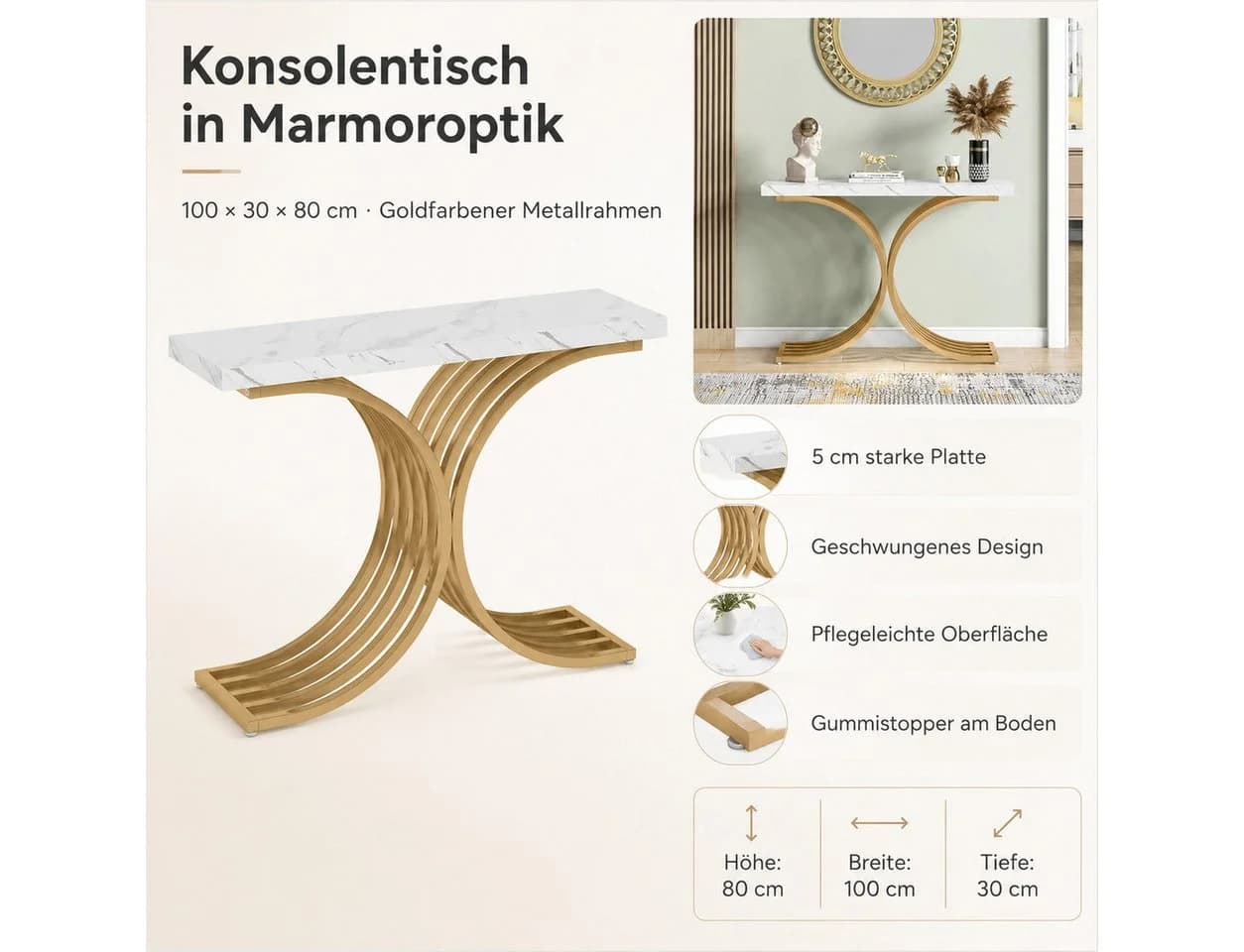 Celya Konsolentisch Weiß/Gold Marmor Metallgestell Glamour Design - Bild 3