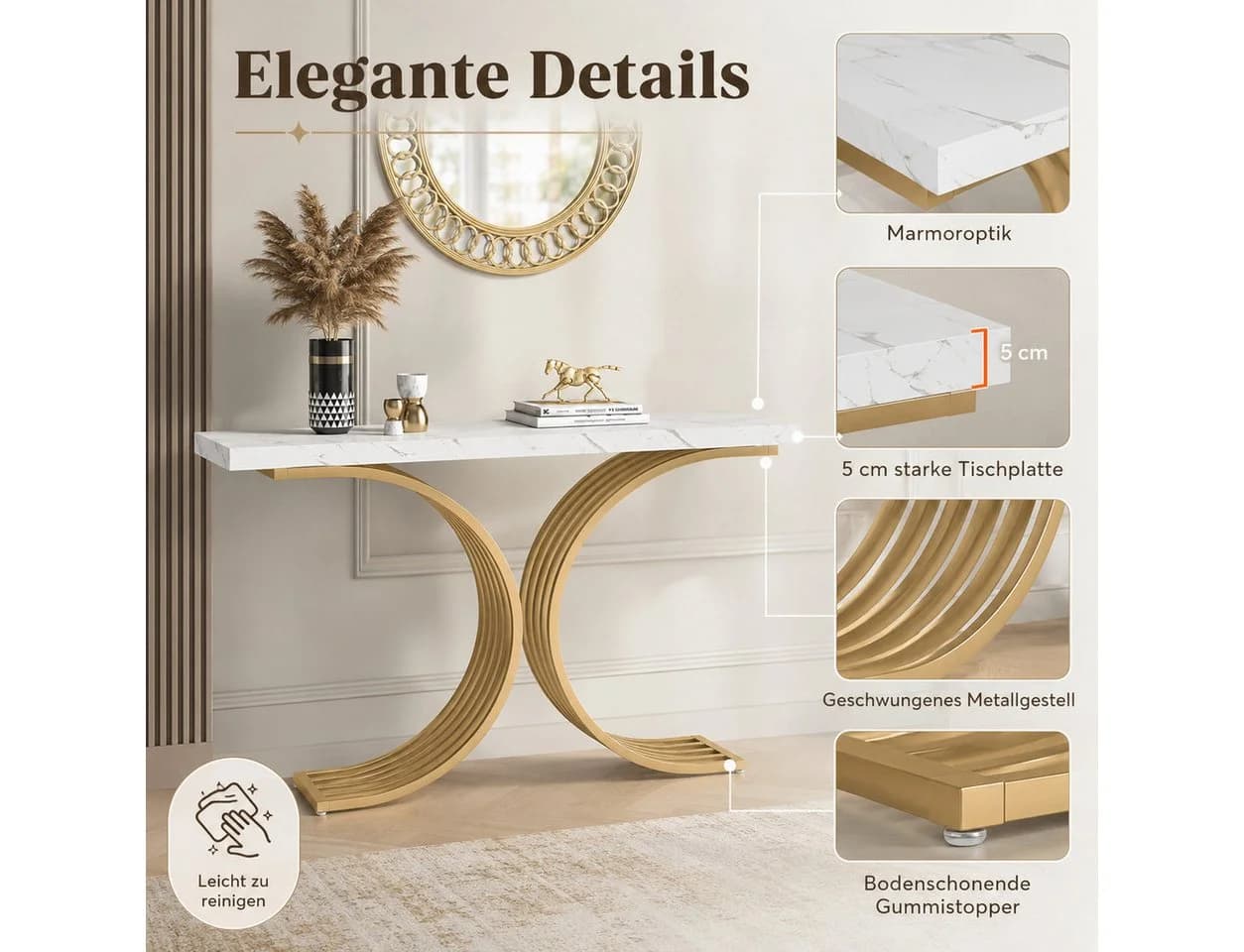 Celya Konsolentisch Weiß/Gold Marmor Metallgestell Glamour Design - Bild 4