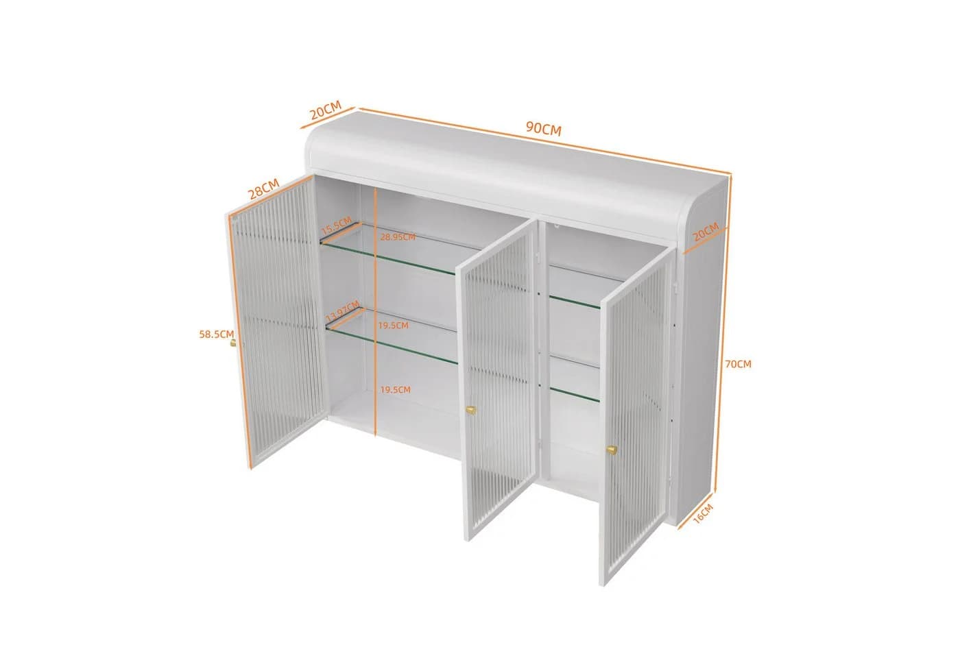Celya Wandhängeschrank 3-türig, gewölbte Glastüren, Weiß