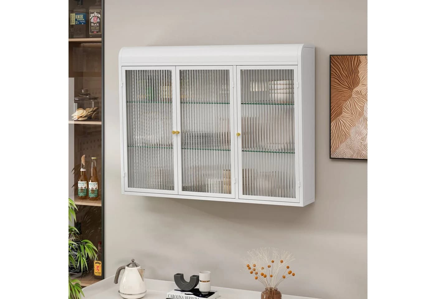 Celya Wandhängeschrank 3-türig, gewölbte Glastüren, Weiß - Bild 4