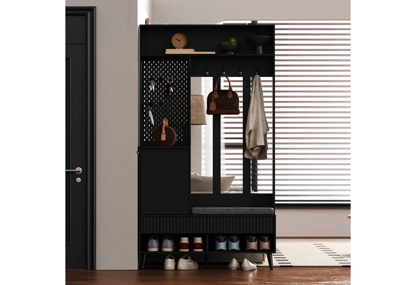 Celya Garderoben-Set mit Schuhbank, 4 Haken, Schubladen & Tür Schwarz - Bild 2
