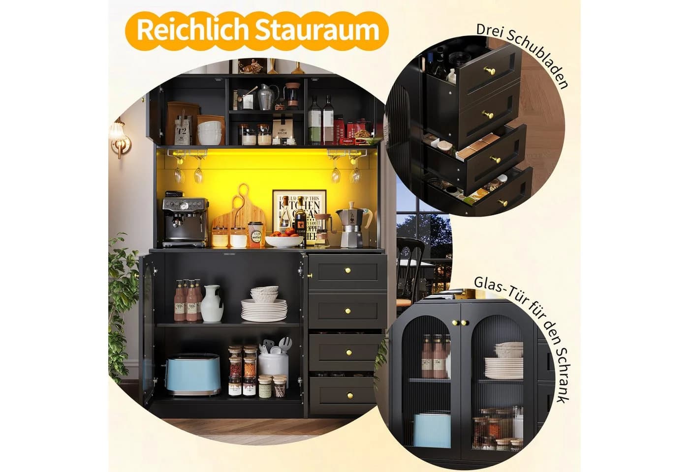 Celya Küchenbuffet Buffetschwarz mit LED-Lichtleiste - Bild 4