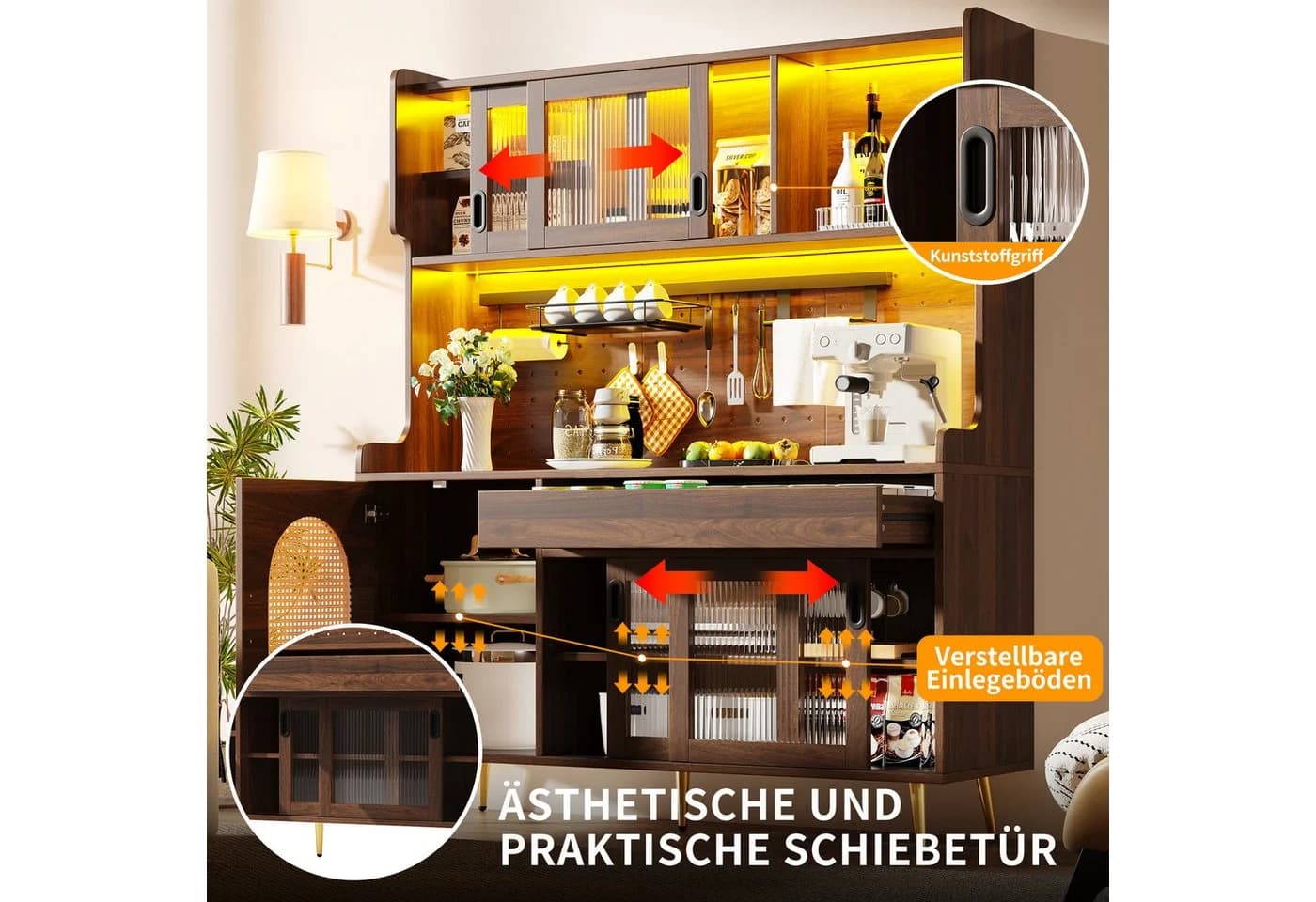 Celya Küchenbuffet Buffetschrank Landhaus Braun mit LED und Lochwand - Bild 4