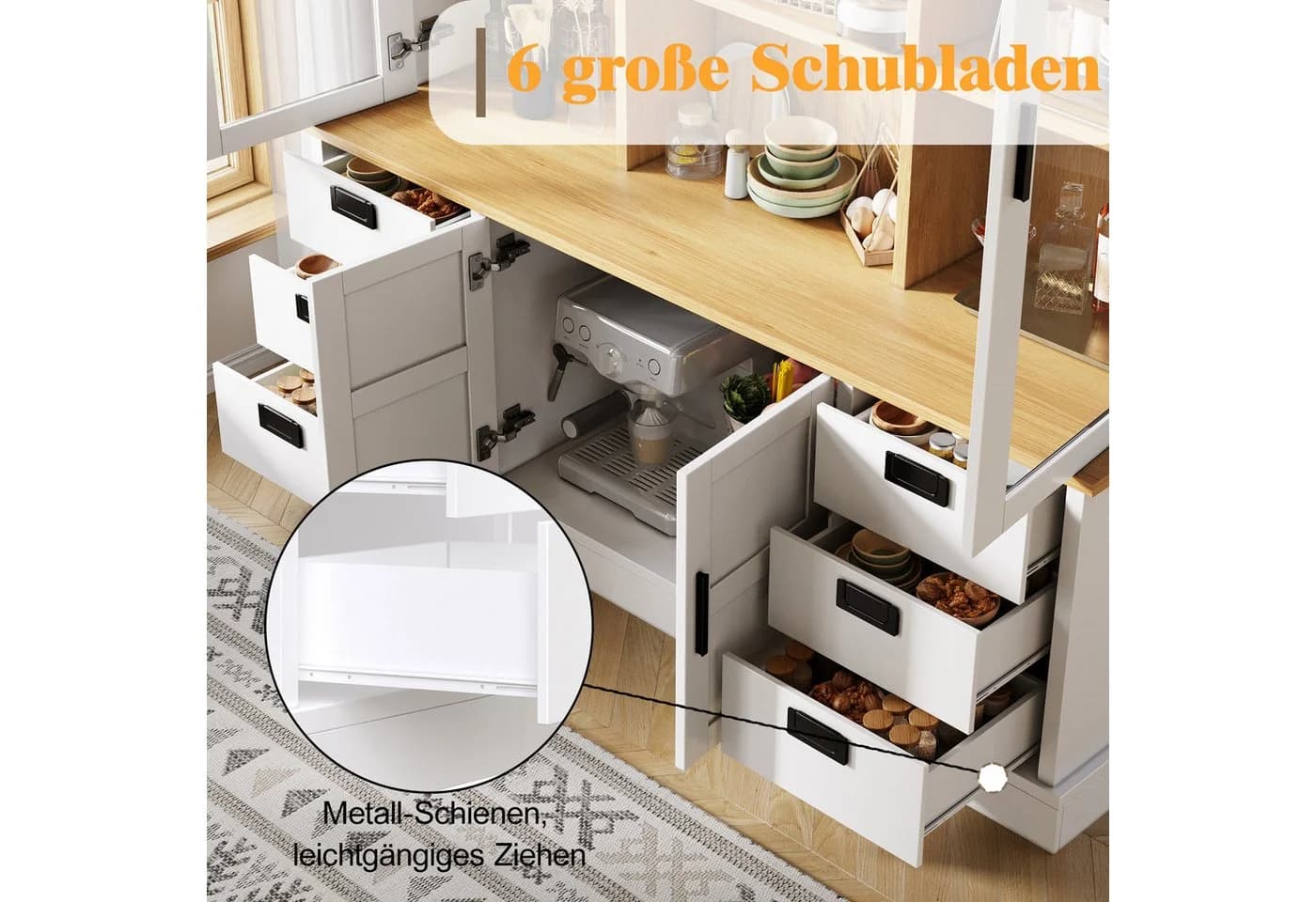 Celya Küchenhochschrank Weiß mit 6 Schubladen und Glastür - Bild 4