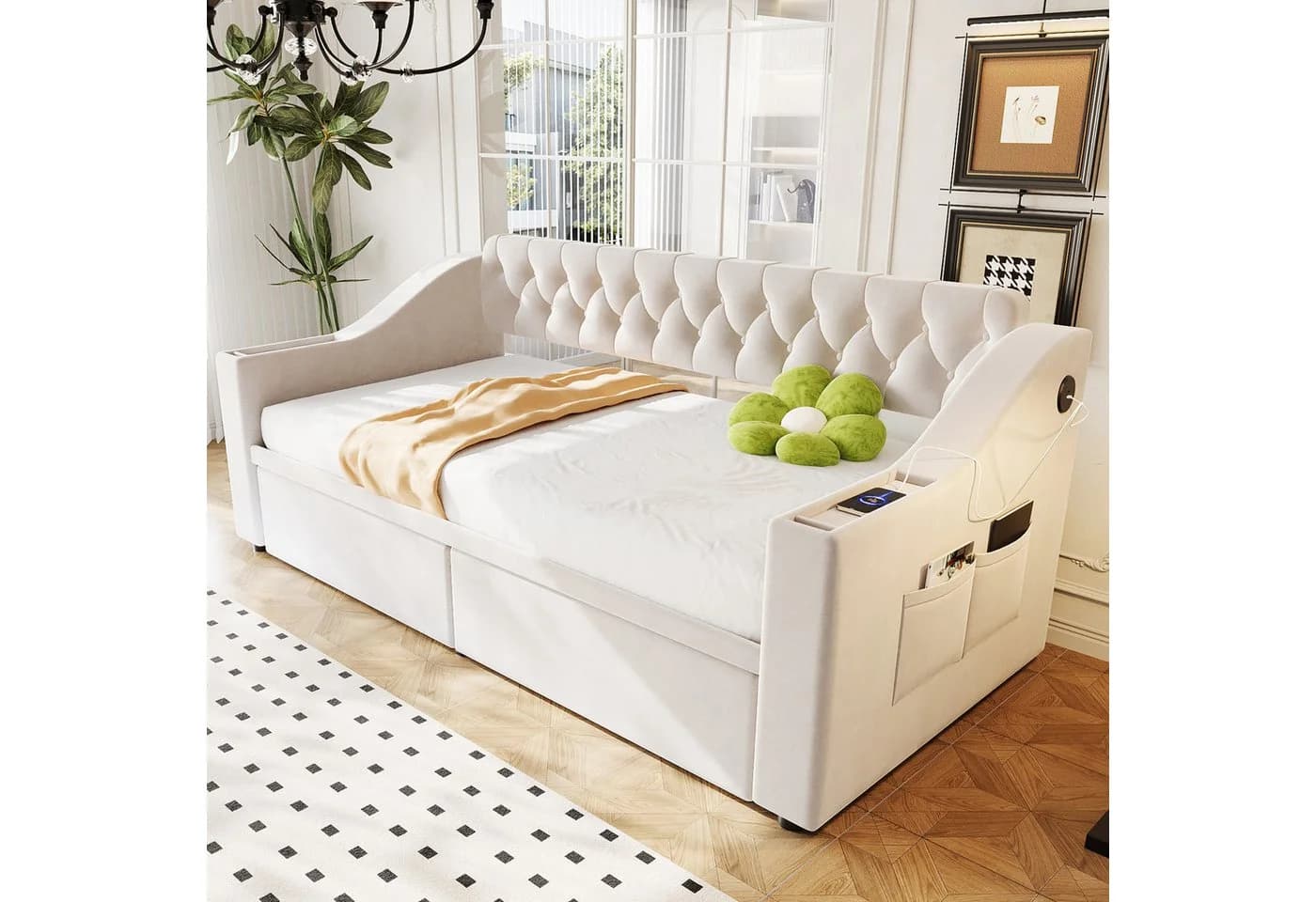 Celya Polsterbett Schlafsofa Beige mit USB und Stauraum - Bild 2
