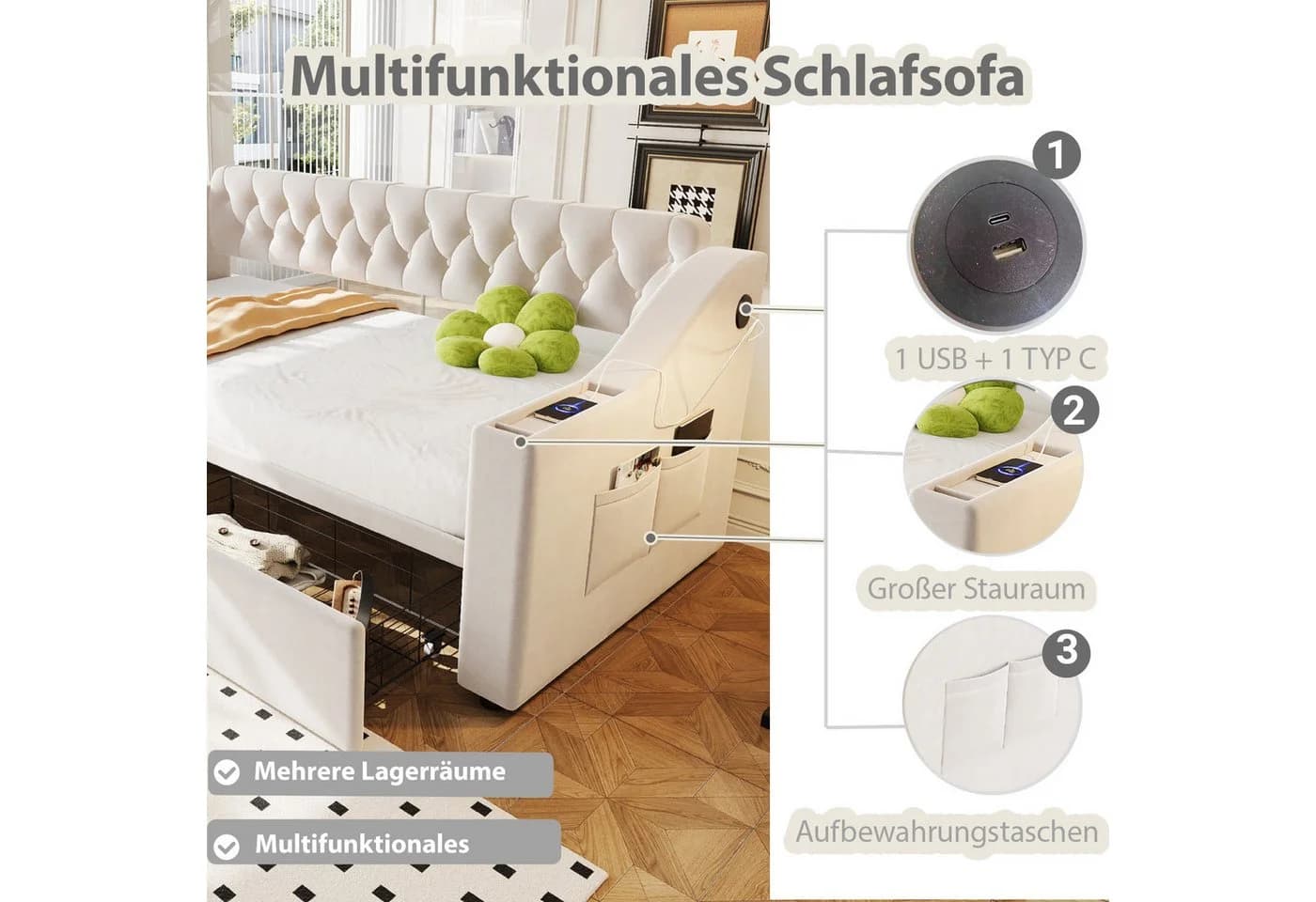 Celya Polsterbett Schlafsofa Beige mit USB und Stauraum - Bild 3
