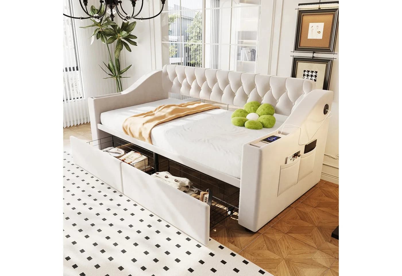 Celya Polsterbett Schlafsofa Beige mit USB und Stauraum - Bild 5