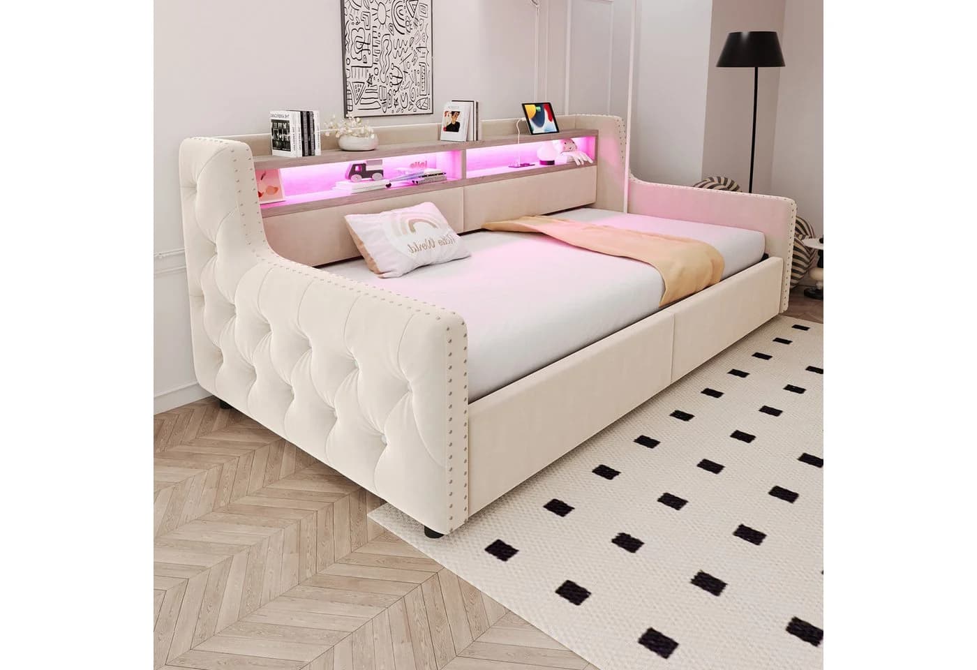 Celya Polsterbett Schlafsofa 90x200 Beige Samt Stauraum LED - Bild 2