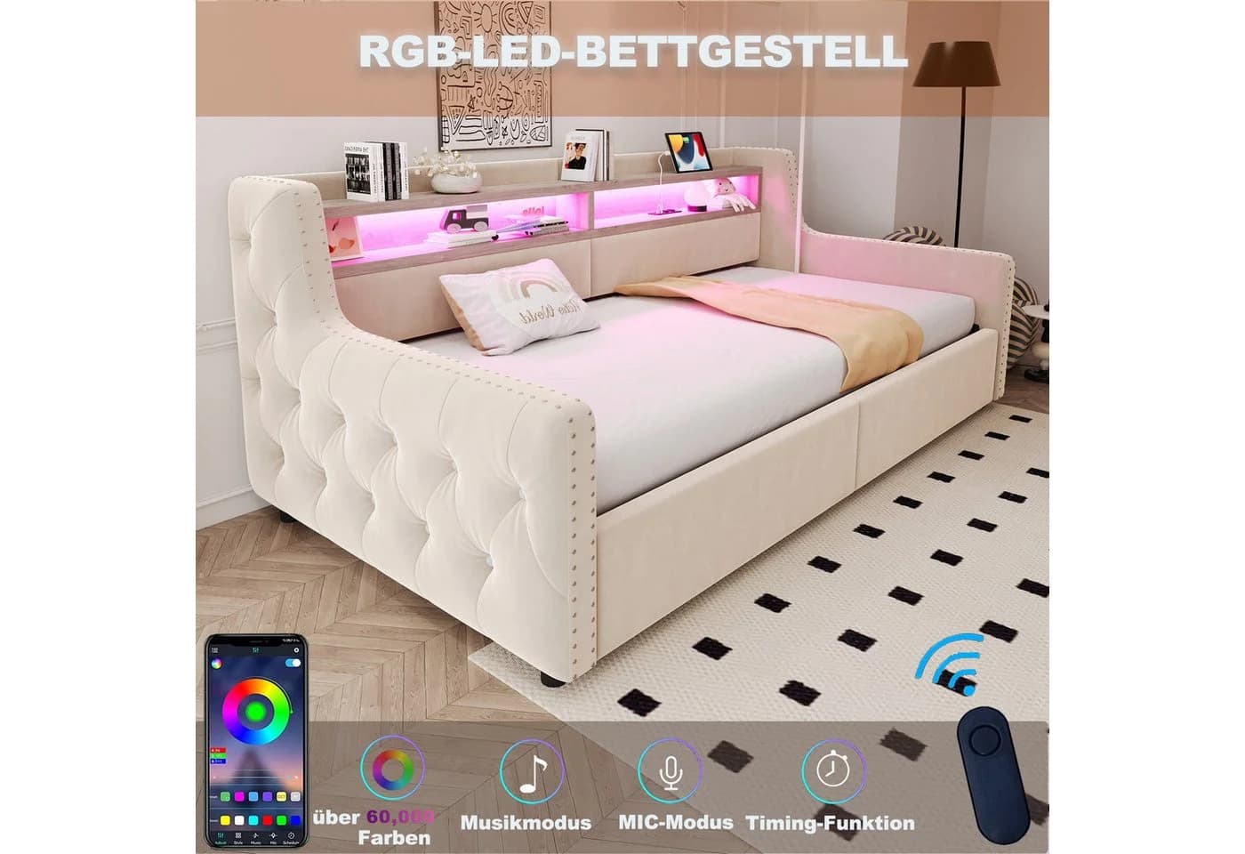 Celya Polsterbett Schlafsofa 90x200 Beige Samt Stauraum LED - Bild 3