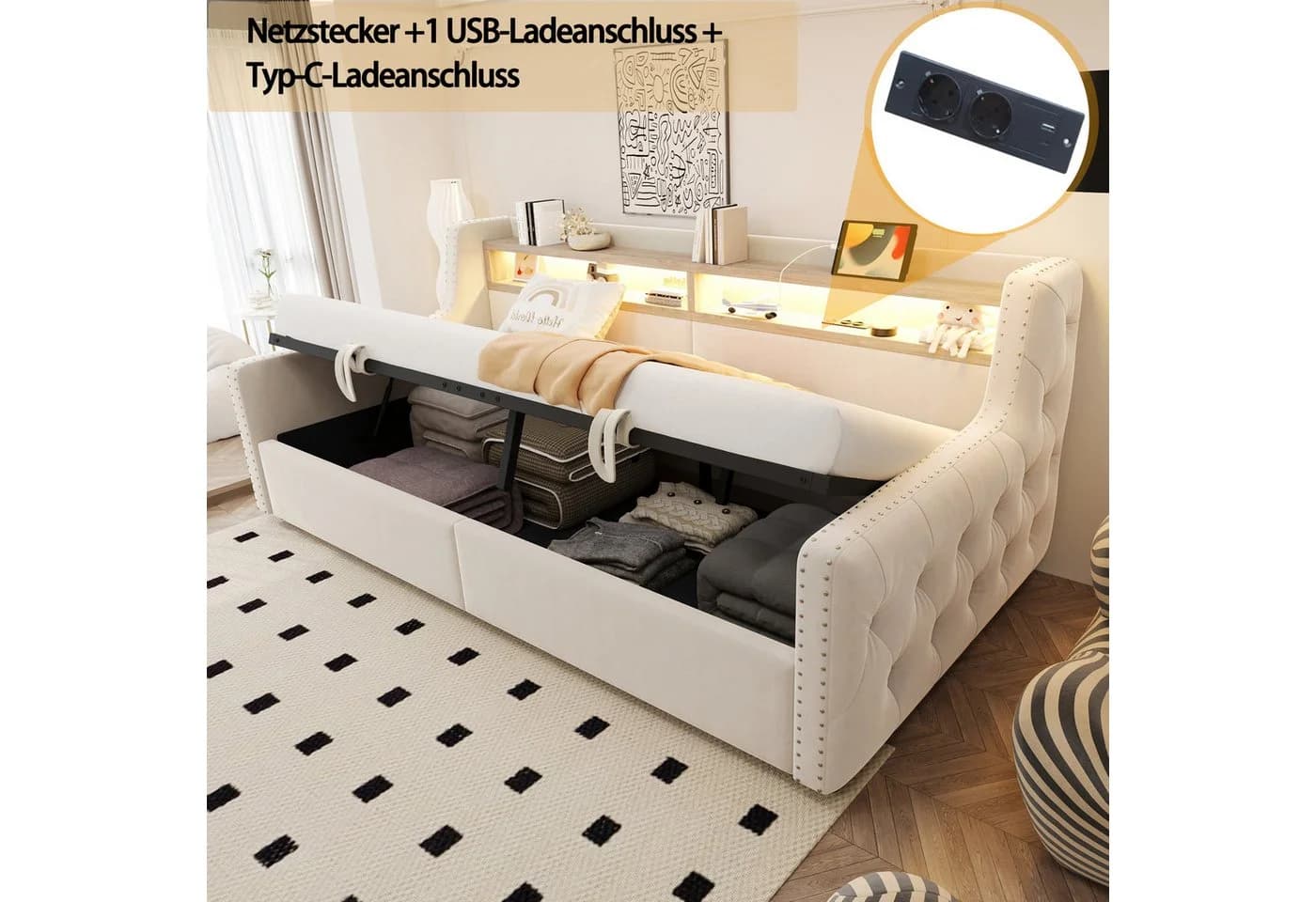 Celya Polsterbett Schlafsofa 90x200 Beige Samt Stauraum LED - Bild 4