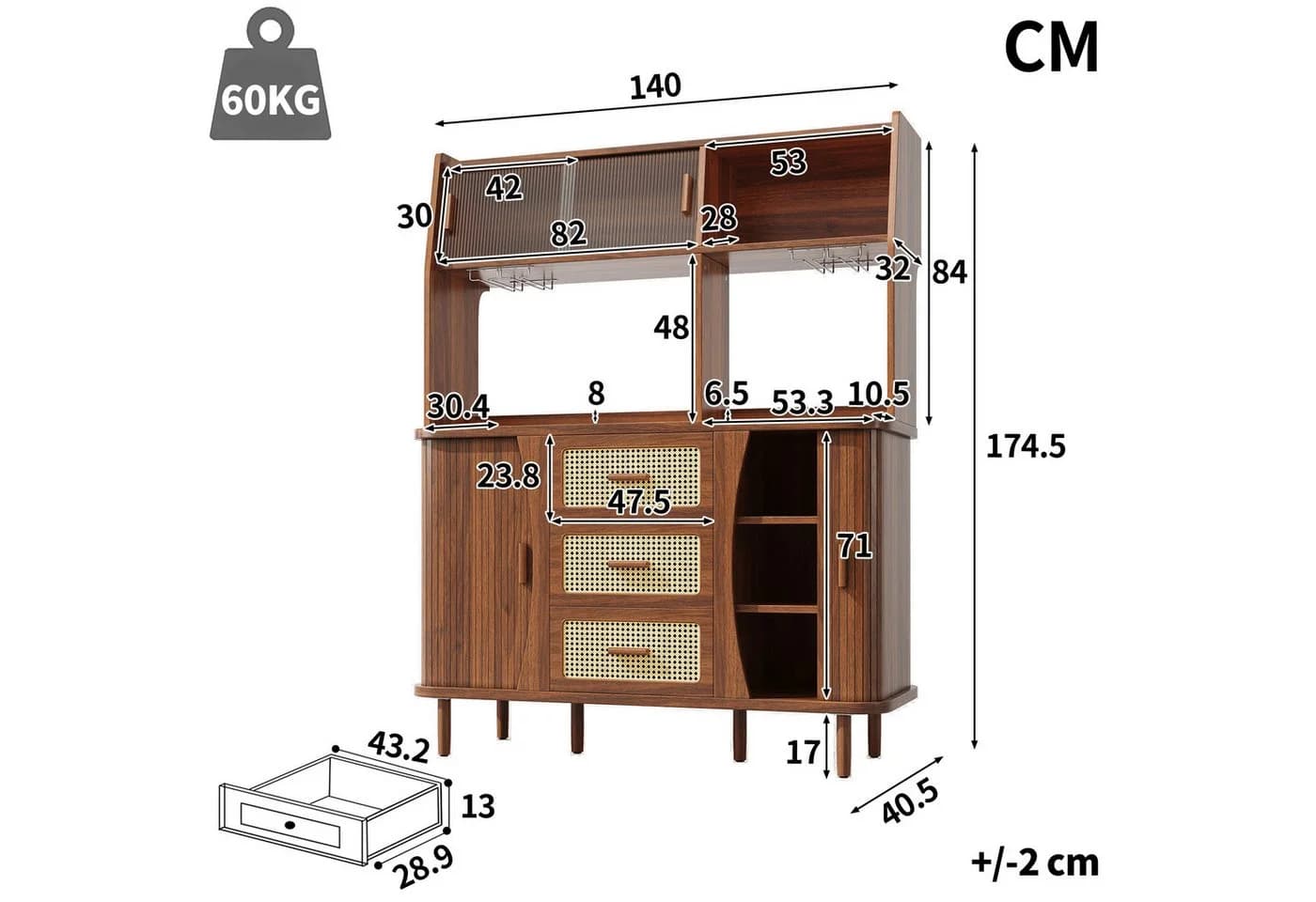 Celya Küchenbuffet Rattanoptik mit Schubladen & Glasschiebetüren