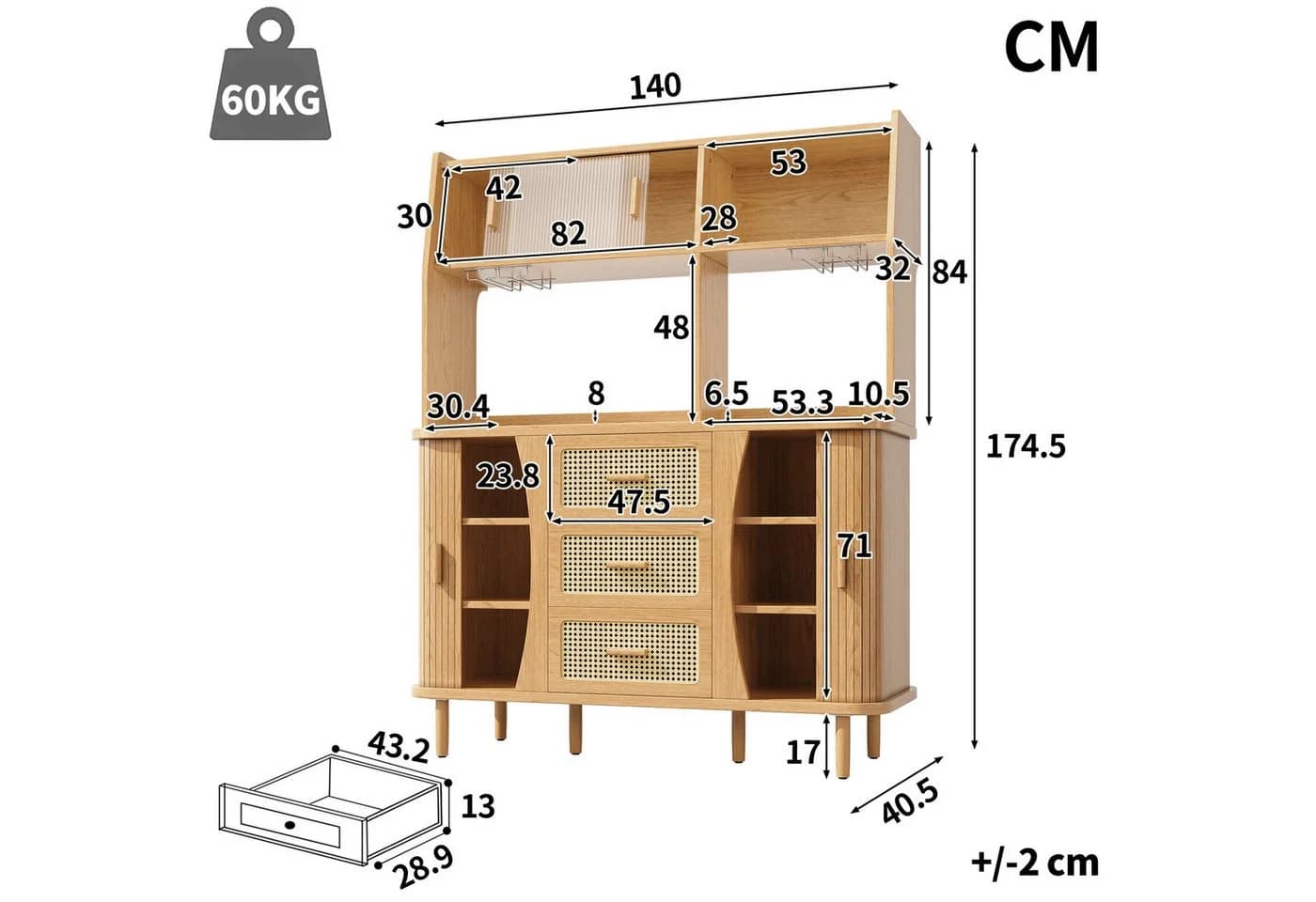 Celya Küchenbuffet Buffetschrank Rattanoptik mit Stauraum