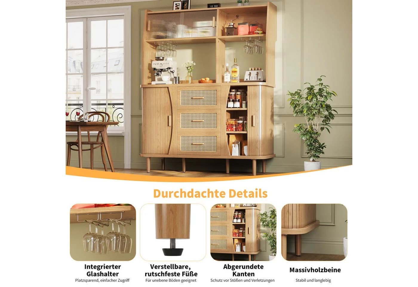 Celya Küchenbuffet Buffetschrank Rattanoptik mit Stauraum - Bild 3