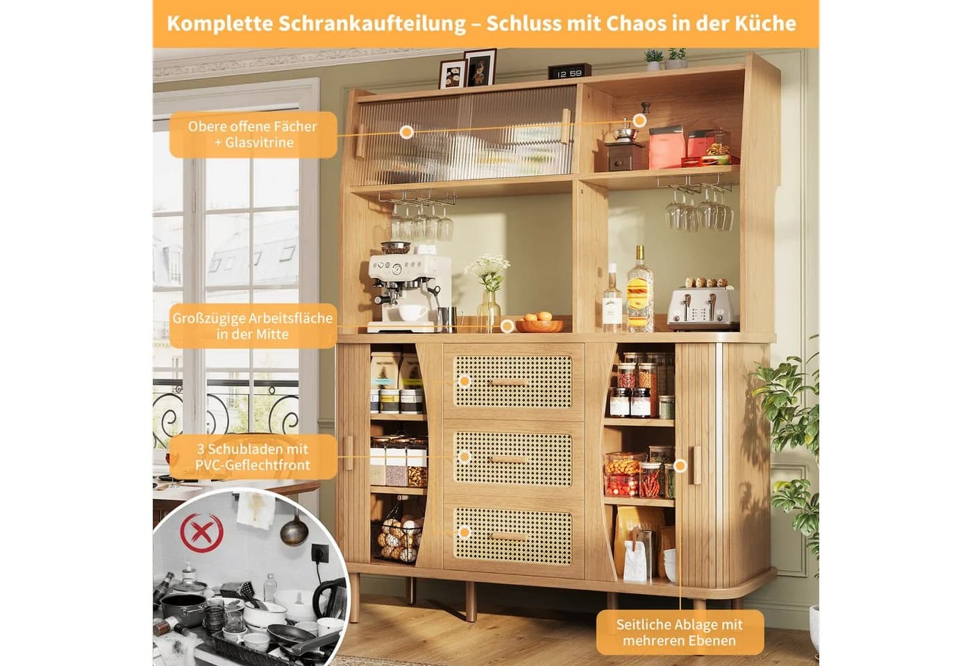 Celya Küchenbuffet Buffetschrank Rattanoptik mit Stauraum - Bild 4
