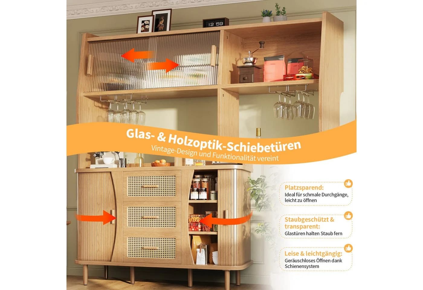 Celya Küchenbuffet Buffetschrank Rattanoptik mit Stauraum - Bild 5