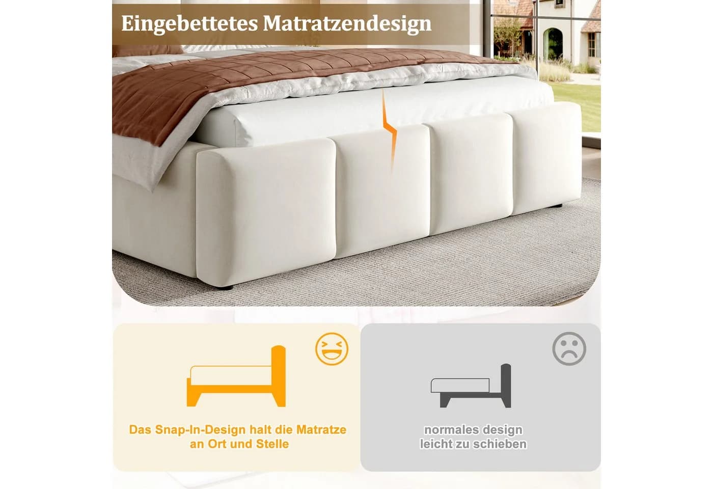 Celya Polsterbett Doppelbett Beige Chenille mit Lattenrost - Bild 4