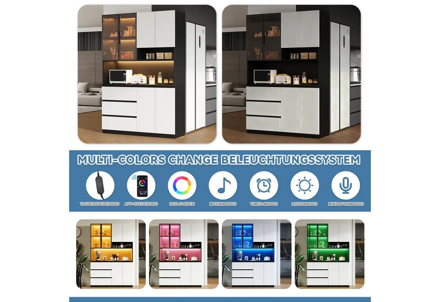 Celya Küchenbuffet mit LED-Beleuchtung, 3 Schubladen, 6 Türen, Weiß/Schwarz - Bild 3