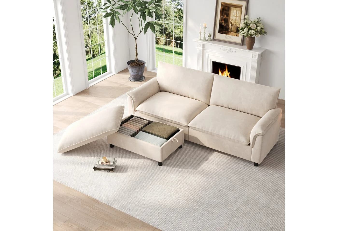 Celya Modulares Cloud-Sektionssofa Beige mit Stauraum und Fußhocker - Bild 5
