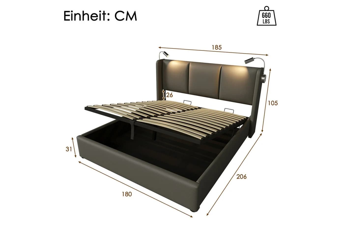 Celya Polsterbett Grau mit Bettkasten, LED-Licht und USB-Anschluss