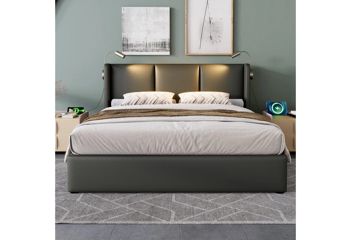Celya Polsterbett Grau mit Bettkasten, LED-Licht und USB-Anschluss - Bild 2
