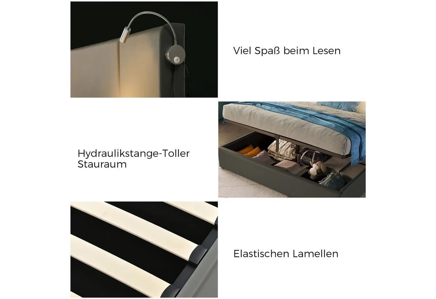 Celya Polsterbett Grau mit Bettkasten, LED-Licht und USB-Anschluss - Bild 3