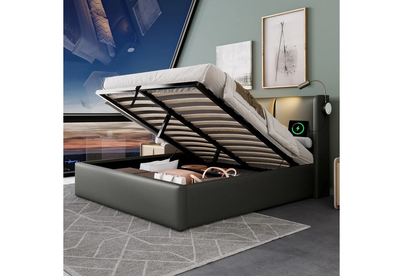 Celya Polsterbett Grau mit Bettkasten, LED-Licht und USB-Anschluss - Bild 4