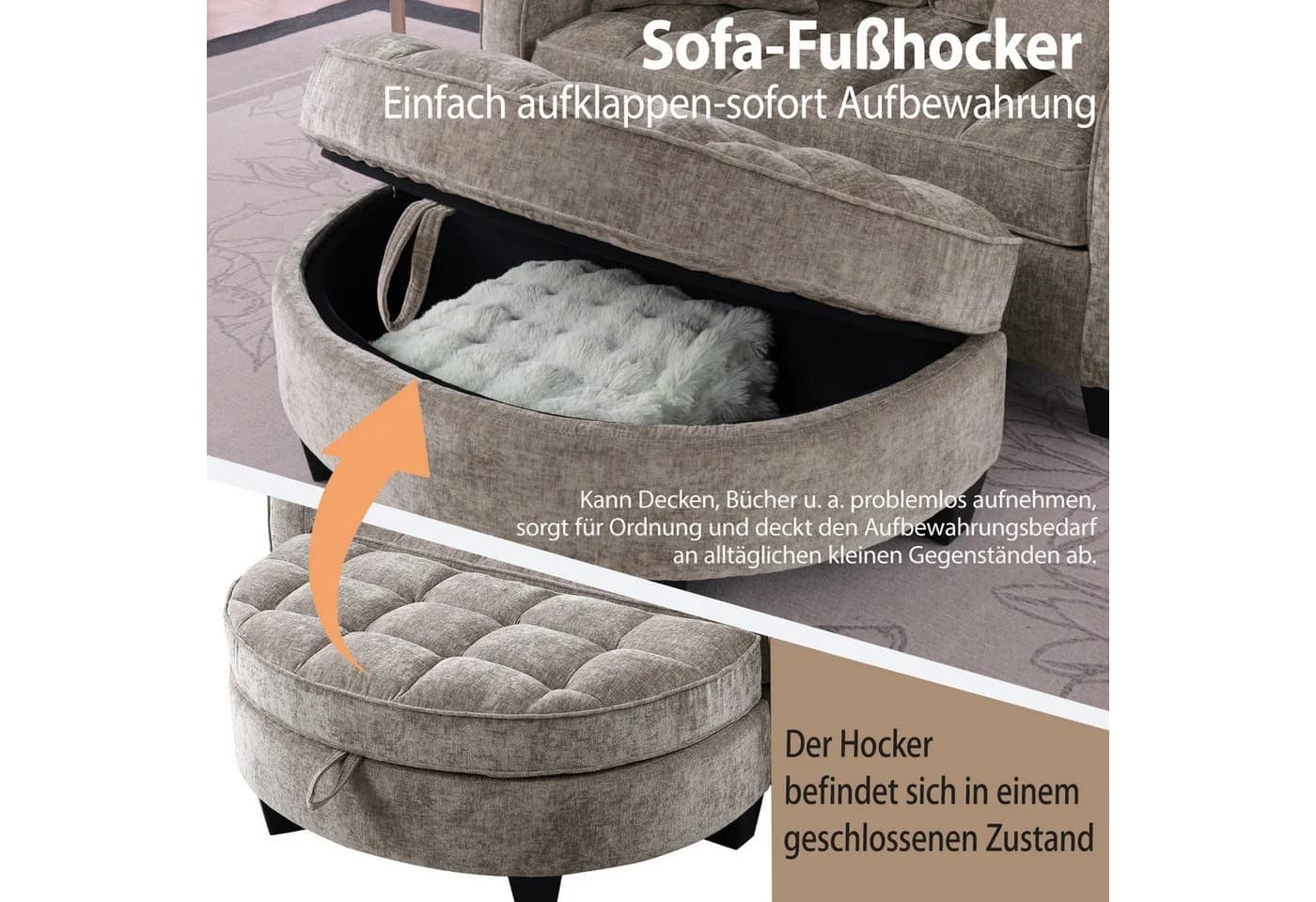 Celya Multifunktionales Sofa-Bett 2-in-1 mit Aufbewahrungshocker Braun Chenille - Bild 4