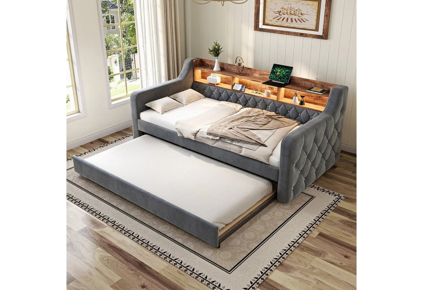 Celya Polsterbett Schlafsofa Samt Grau mit LED & USB-C - Bild 2