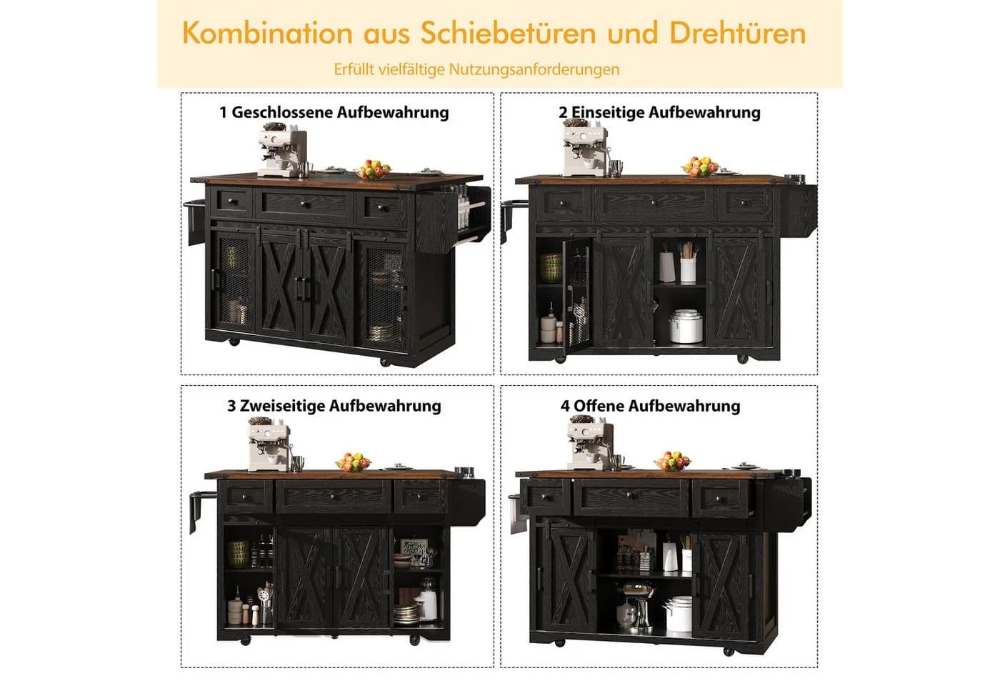 Celya Kücheninselwagen Schwarz mit Stromanschluss & ausklappbarer Arbeitsplatte - Bild 3