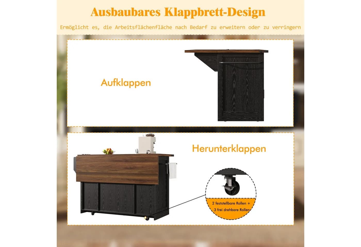 Celya Kücheninselwagen Schwarz mit Stromanschluss & ausklappbarer Arbeitsplatte - Bild 4