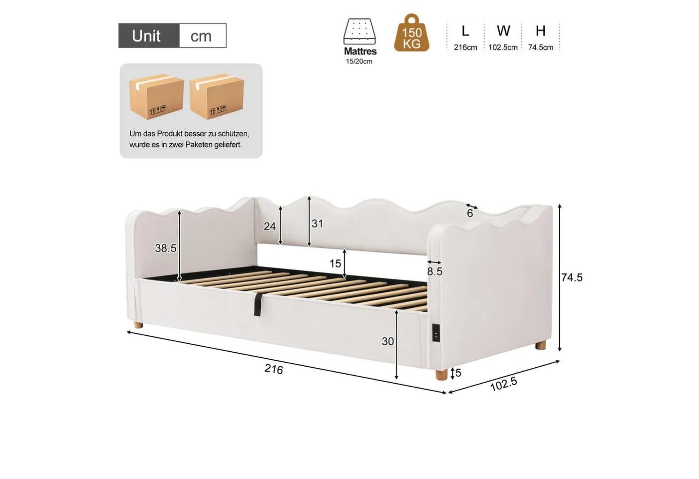 Celya Polsterbett Daybett mit hydraulischem Stauraum und USB-Anschluss