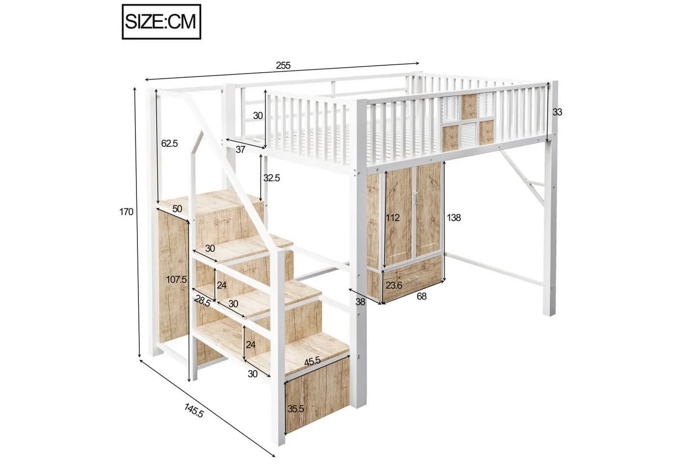 Celya Hochbett 140x200 cm mit Kleiderschrank und Aufbewahrungsleiter