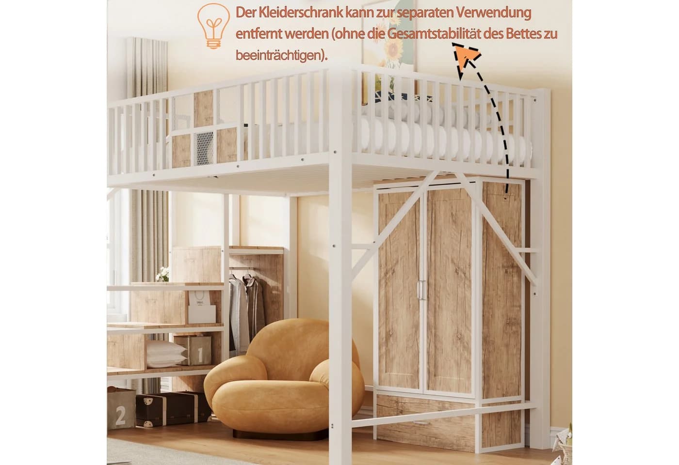 Celya Hochbett 140x200 cm mit Kleiderschrank und Aufbewahrungsleiter - Bild 3