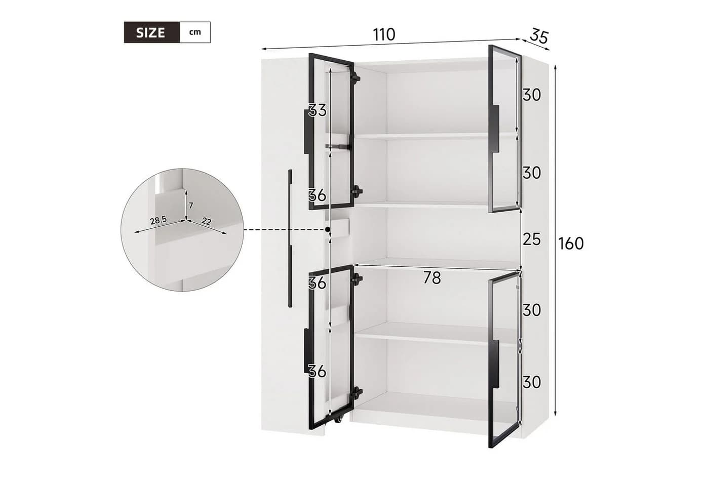 Celya Glasvitrine mit LED-Beleuchtung und Schubladen Weiß