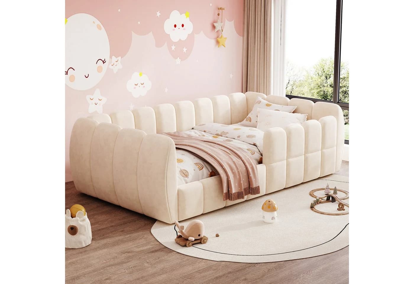 Celya Polsterbett Kinder-Bodenbett Beige Samtbezug - Bild 3