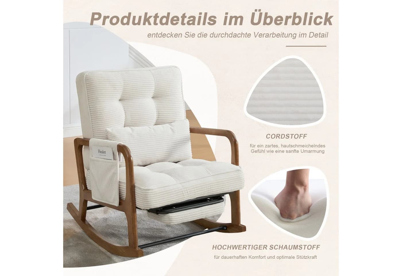 Celya Schaukelstuhl Grau Cord mit Fußstütze und Seitentasche - Bild 3