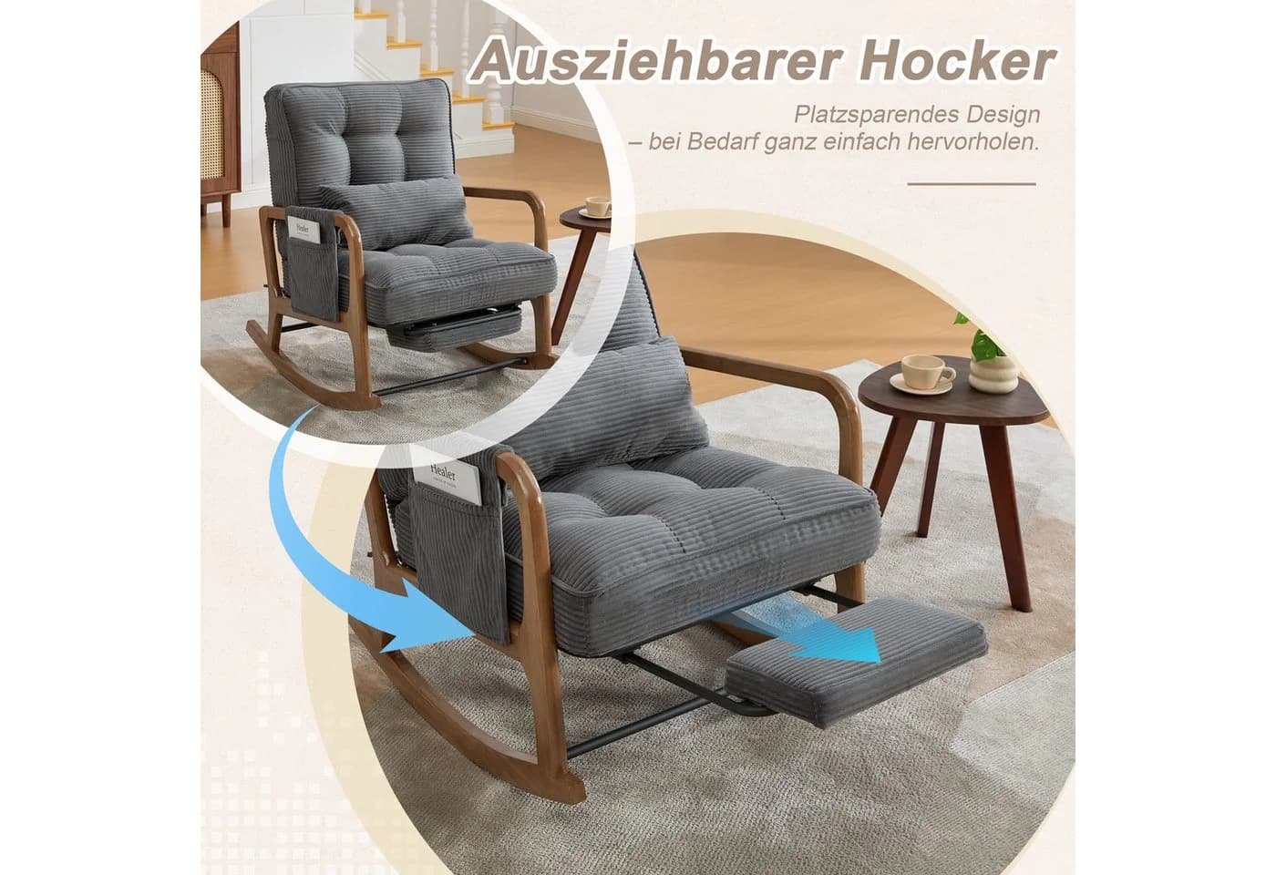 Celya Schaukelstuhl Grau Cord mit Fußstütze und Seitentasche - Bild 4