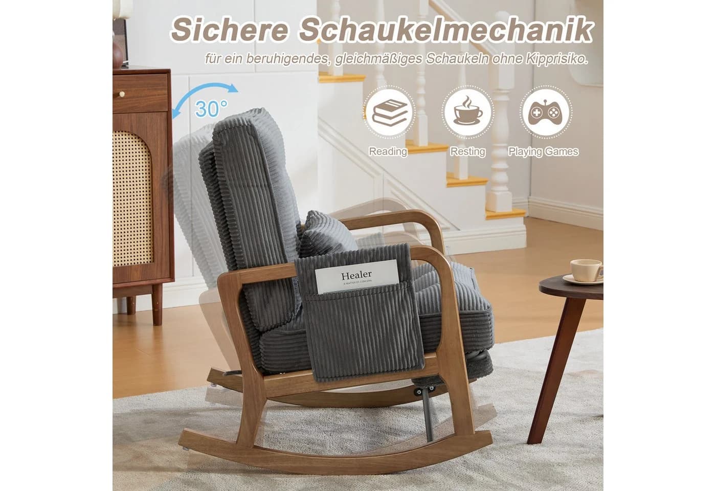 Celya Schaukelstuhl Grau Cord mit Fußstütze und Seitentasche - Bild 5