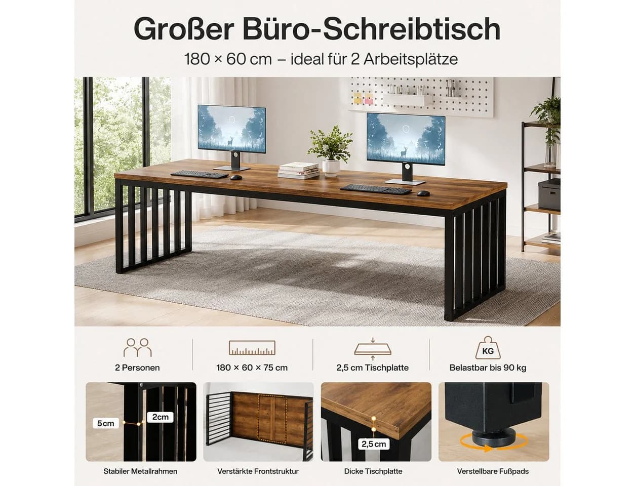 Celya Schreibtisch 180cm Braun/Grau Schwarz Weiß Industrie Design - Bild 3