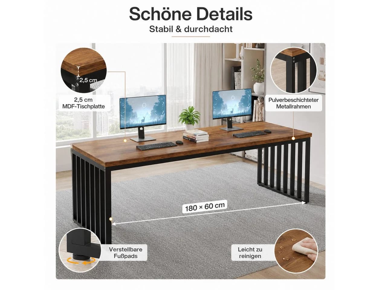 Celya Schreibtisch 180cm Braun/Grau Schwarz Weiß Industrie Design - Bild 4