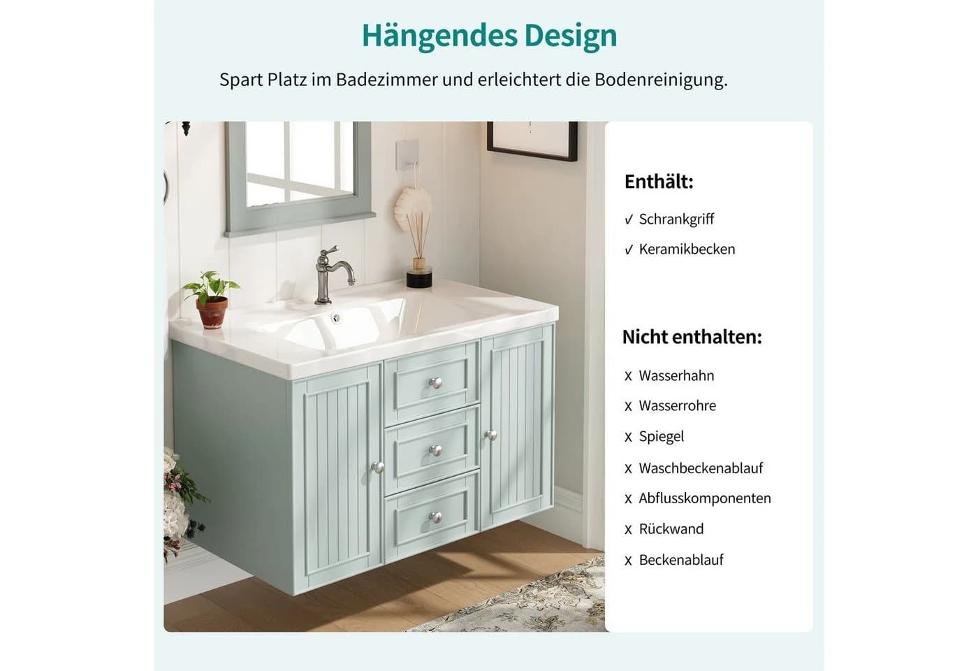 Celya Waschbeckenunterschrank Wandhängend Grün mit Schubladen - Bild 3