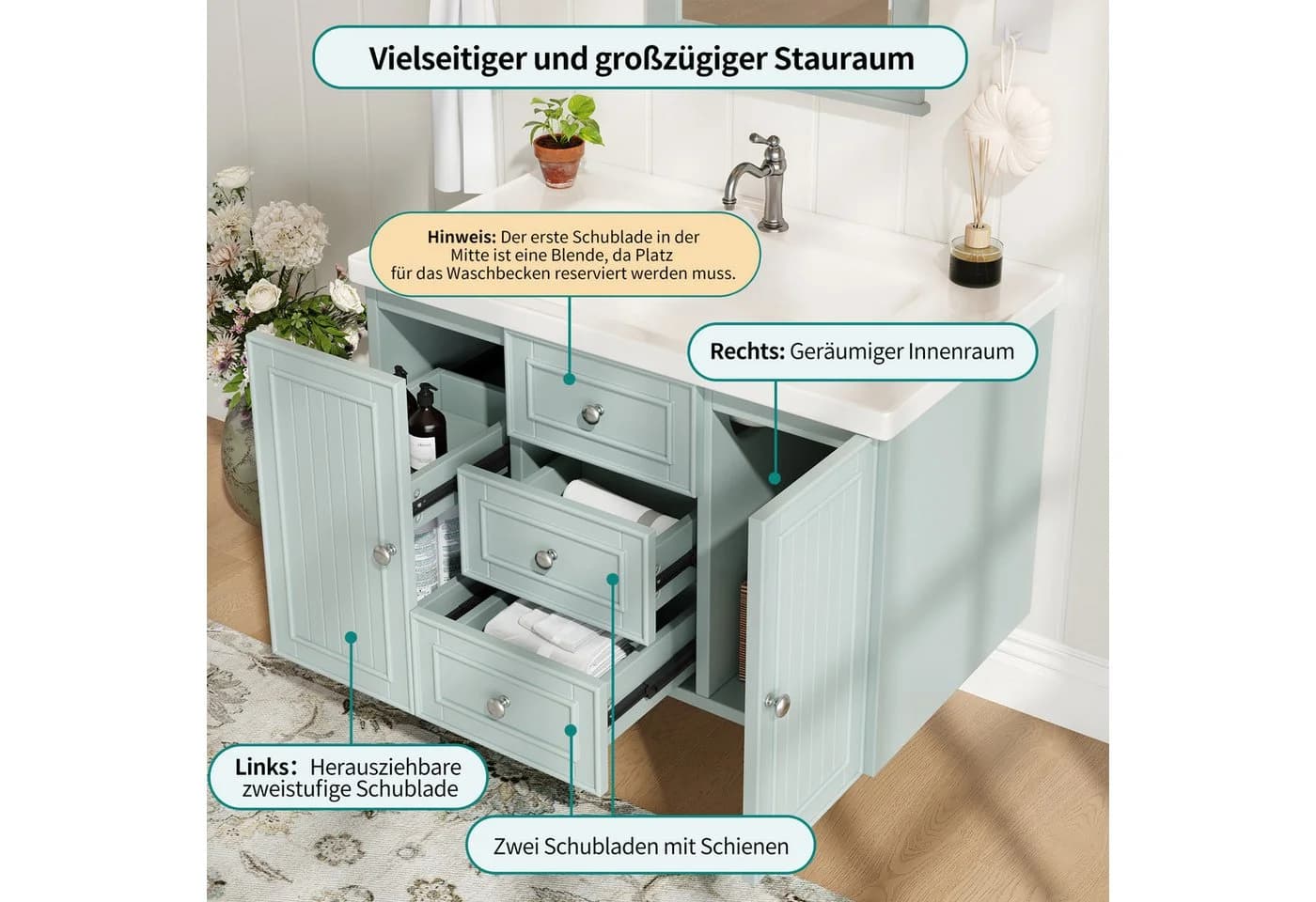 Celya Waschbeckenunterschrank Wandhängend Grün mit Schubladen - Bild 5
