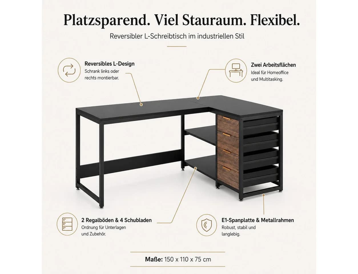 Celya Eckschreibtisch Schwarz mit 4 Schubladen und Regal - Bild 3