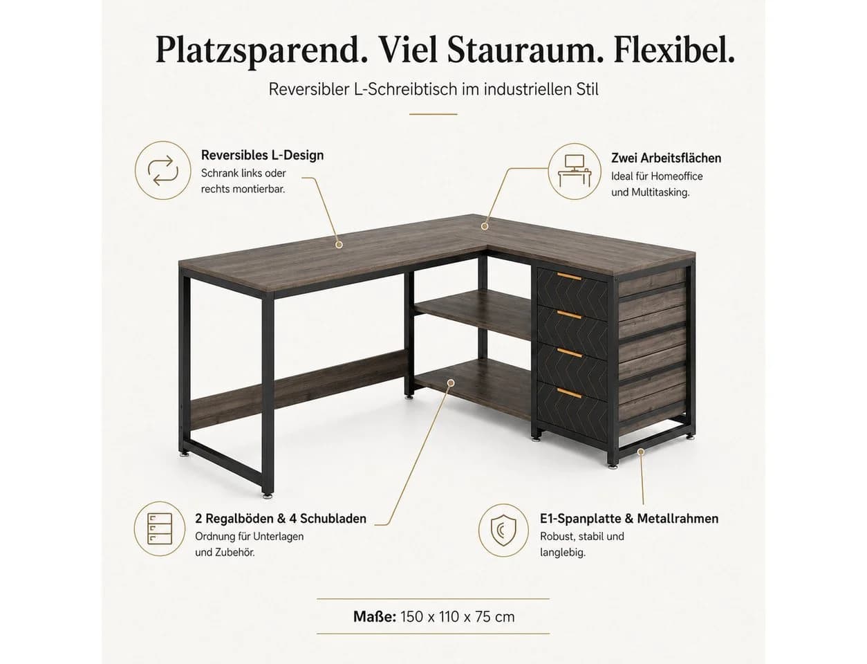 Celya Eckschreibtisch Grau mit 4 Schubladen & Regal - Bild 3